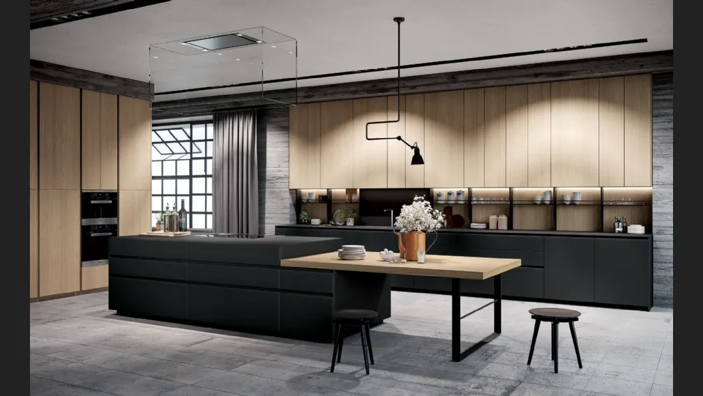 Cucina Design con isola Fly in vetro satinato e rovere di Nova Cucina