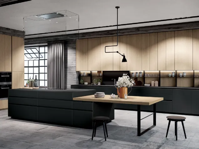 Cucina Design con isola Fly in vetro satinato e rovere di Nova Cucina